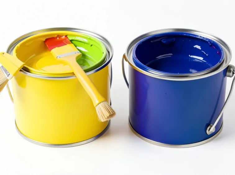 Contenitori di pittura di colori diversi con un pennello