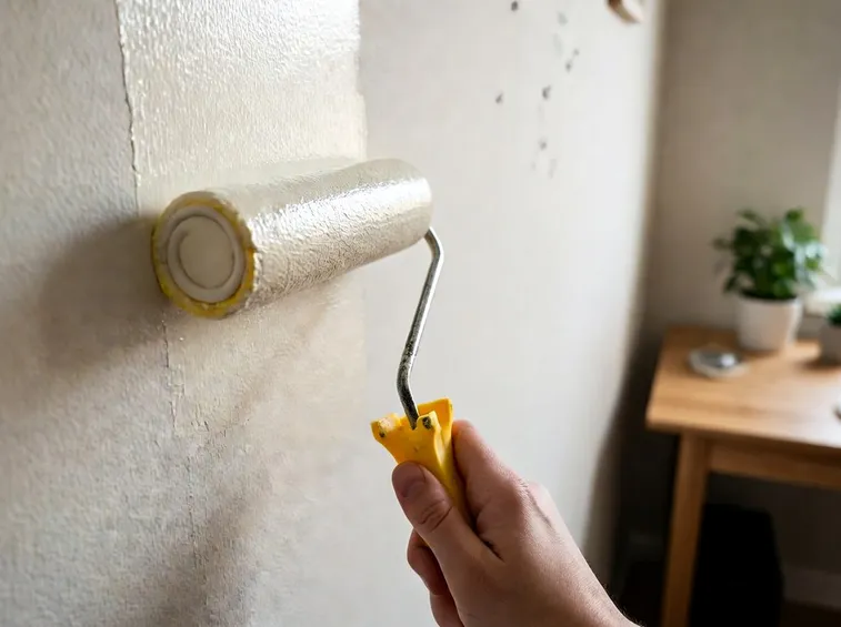 Un muro interno viene pitturato con un rullo