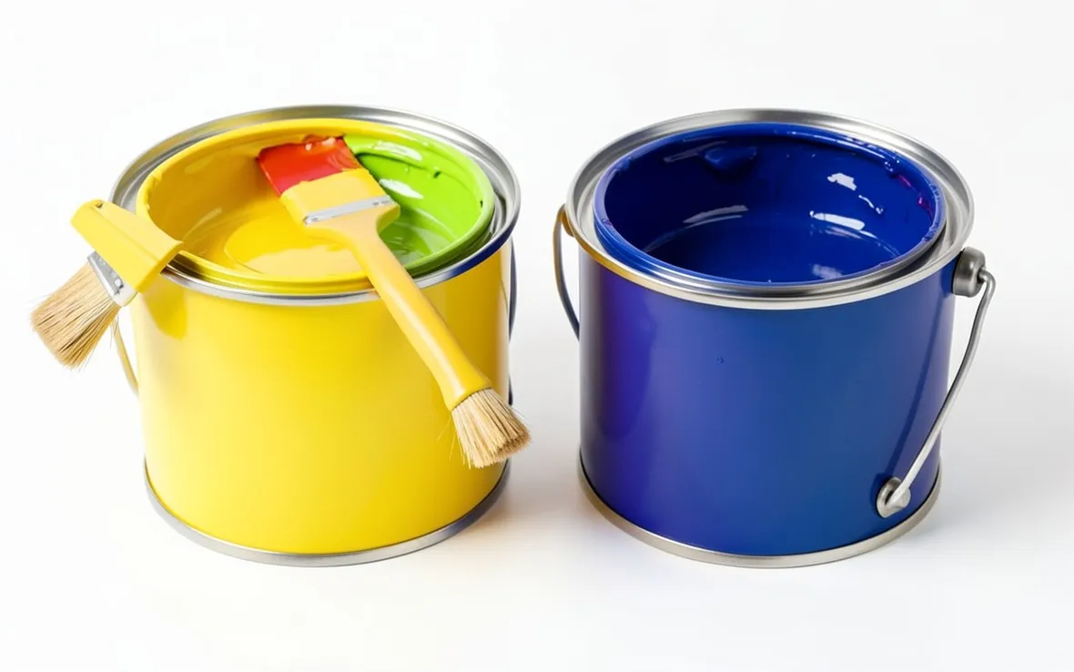Contenitori di pittura di colori diversi con un pennello