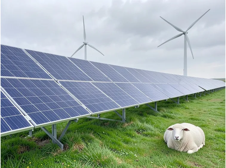 Campo con pannelli fotovoltaici e pala eolica per la produzione di energia verde