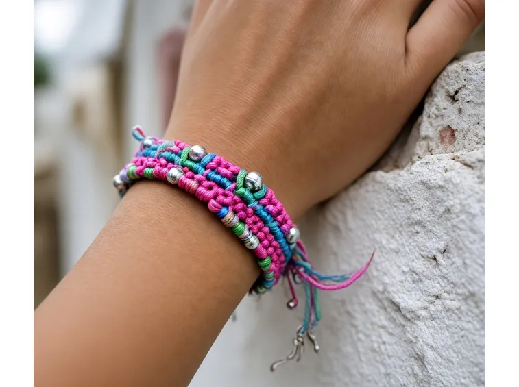Bracciale in macramè, perline, charms