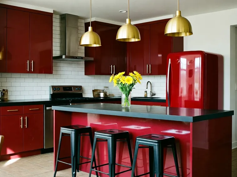 Frigorifero rosso intonato con la cucina