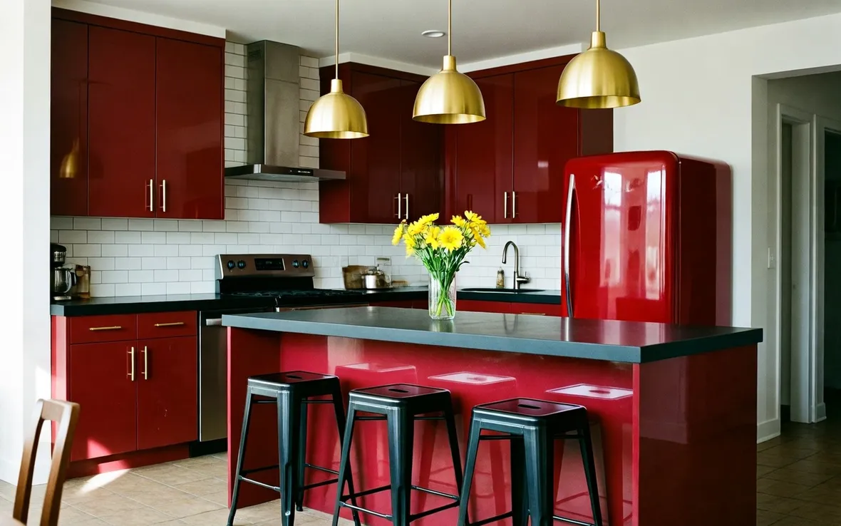Frigorifero rosso intonato con la cucina