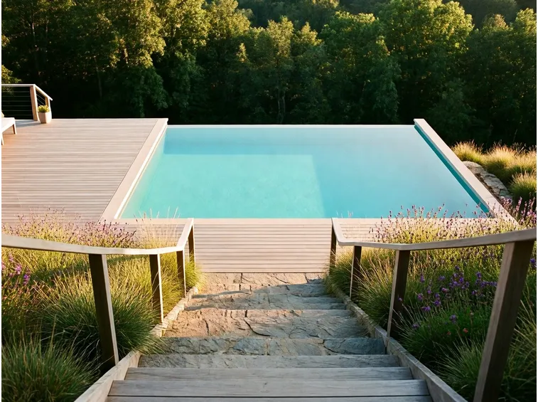 Continuità di stile tra scala e bordo piscina
