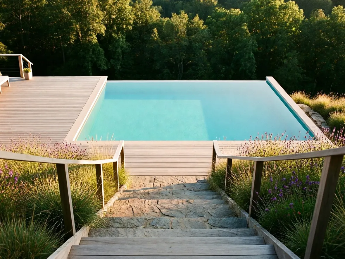 Continuità di stile tra scala e bordo piscina