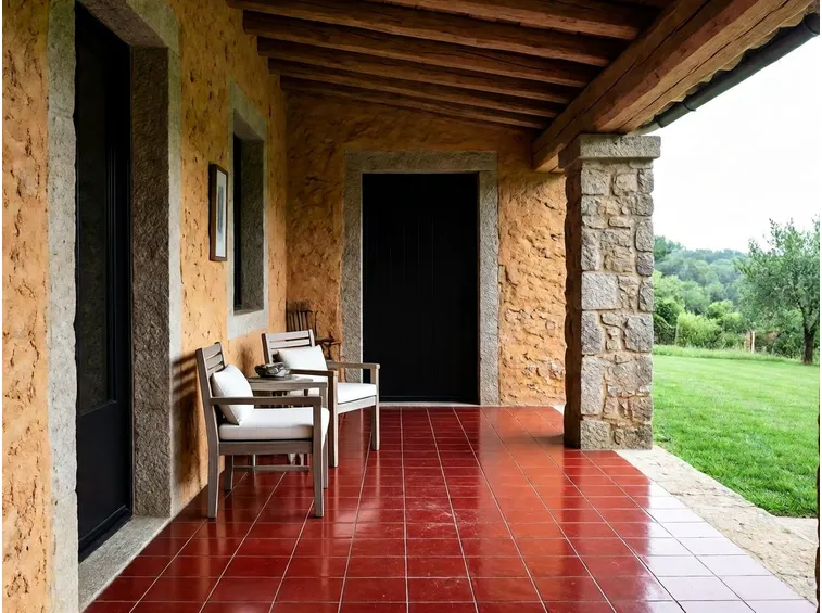 Portico in legno e rivestimenti in pietra
