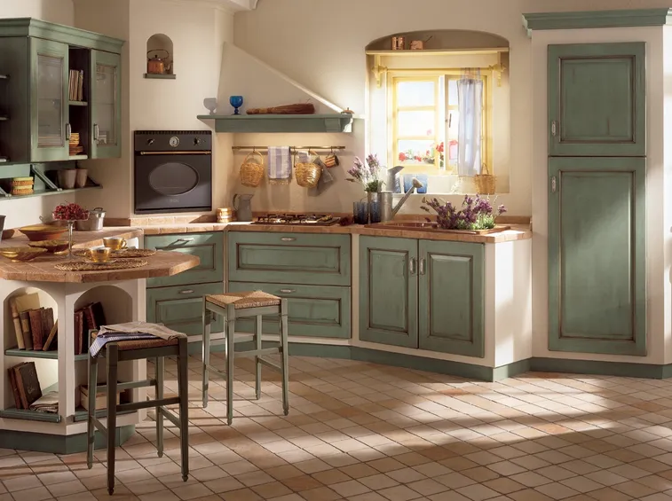 Cucina rustica in muratura con intonaco e inserti in legno