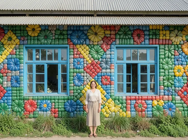 Muro con colorate bottiglie di plastica