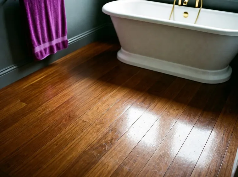 Bagno con pavimento in parquet di teak