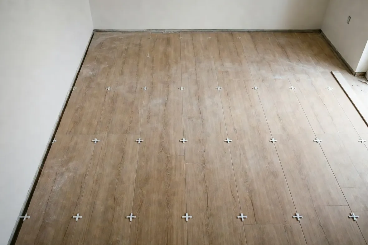 Gres porcellanato effetto legno durante la posa