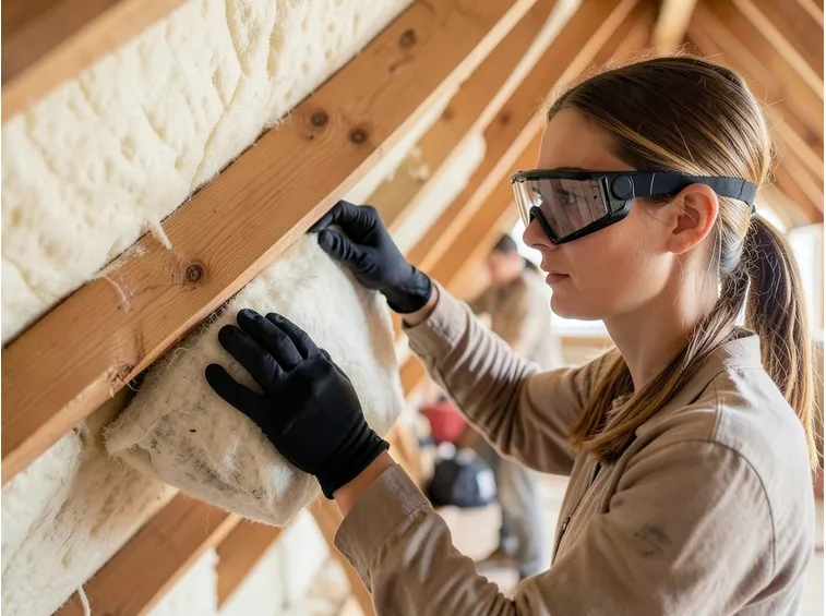 Posa di lana di roccia in un tetto in legno