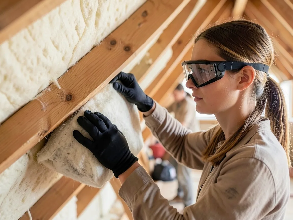 Posa di lana di roccia in un tetto in legno